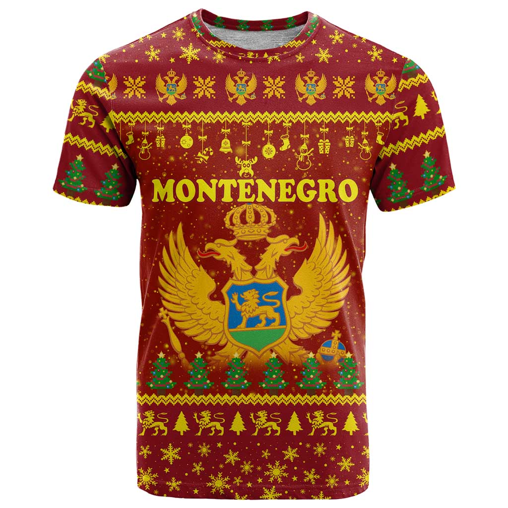 Montenegro Christmas T Shirt with Red-Gold Theme, Double-Headed Eagle, and Santa Motif - Wonder Print Shop