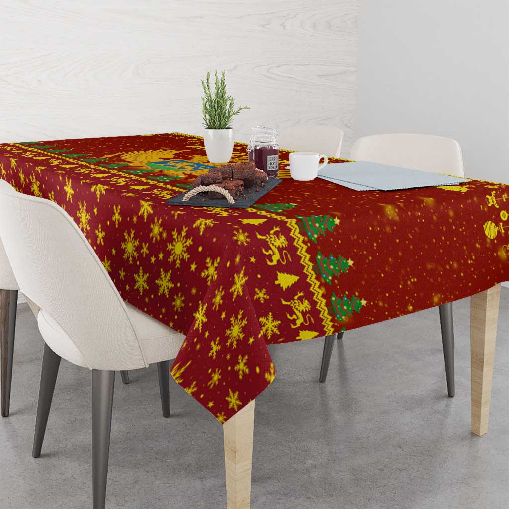 Montenegro Christmas Tablecloth with Red-Gold Theme, Double-Headed Eagle, and Santa Motif - Wonder Print Shop