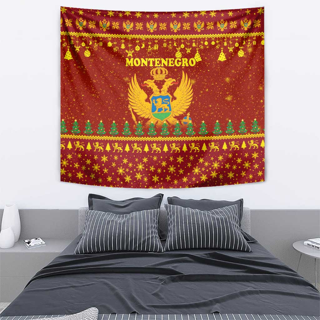 Montenegro Christmas Tapestry with Red-Gold Theme, Double-Headed Eagle, and Santa Motif - Wonder Print Shop