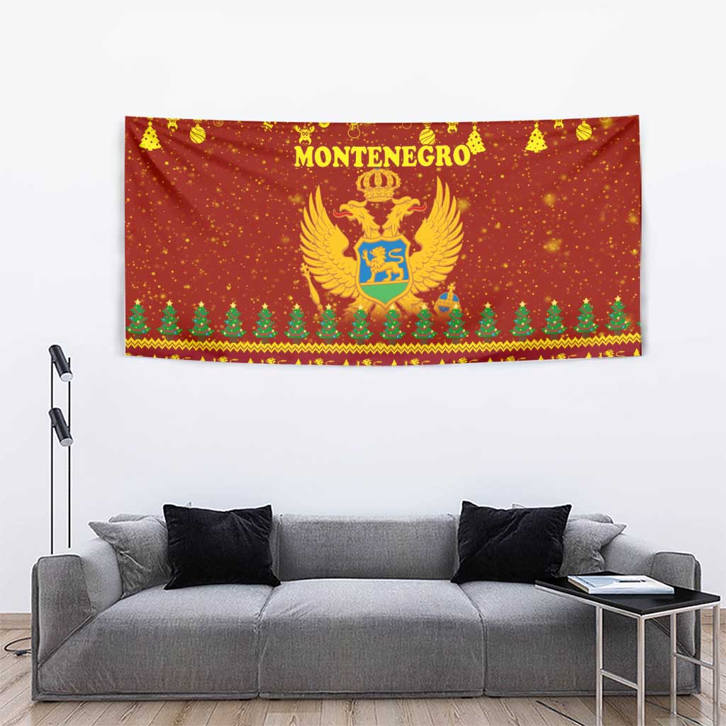 Montenegro Christmas Tapestry with Red-Gold Theme, Double-Headed Eagle, and Santa Motif - Wonder Print Shop