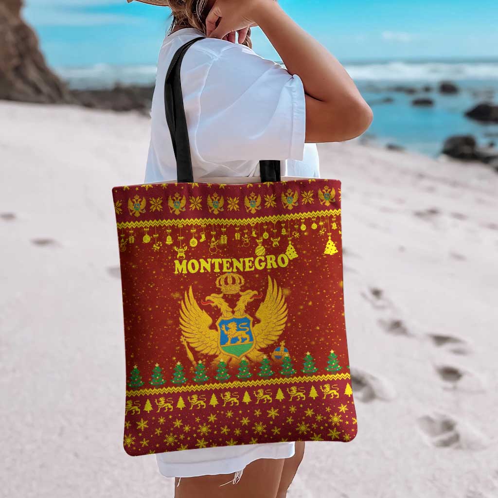 Montenegro Christmas Tote Bag with Red-Gold Theme, Double-Headed Eagle, and Santa Motif - Wonder Print Shop