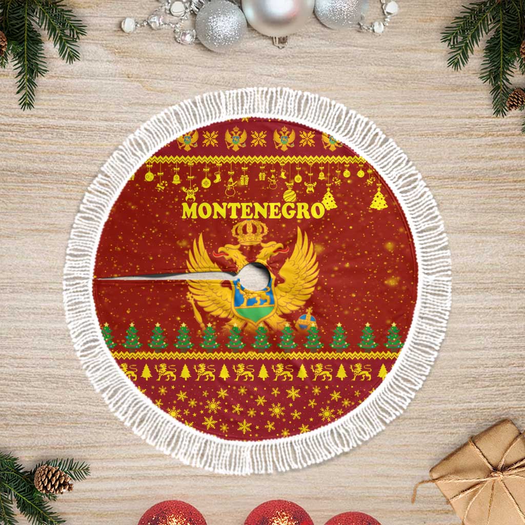 Montenegro Christmas Tree Skirt with Red-Gold Theme, Double-Headed Eagle, and Santa Motif - Wonder Print Shop