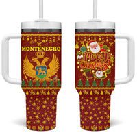 Montenegro Christmas Tumbler With Handle with Red-Gold Theme, Double-Headed Eagle, and Santa Motif - Wonder Print Shop