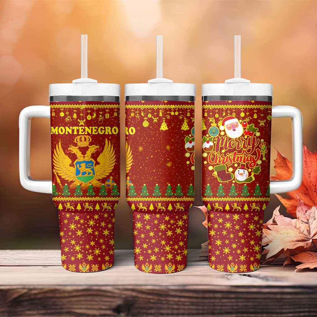 Montenegro Christmas Tumbler With Handle with Red-Gold Theme, Double-Headed Eagle, and Santa Motif - Wonder Print Shop