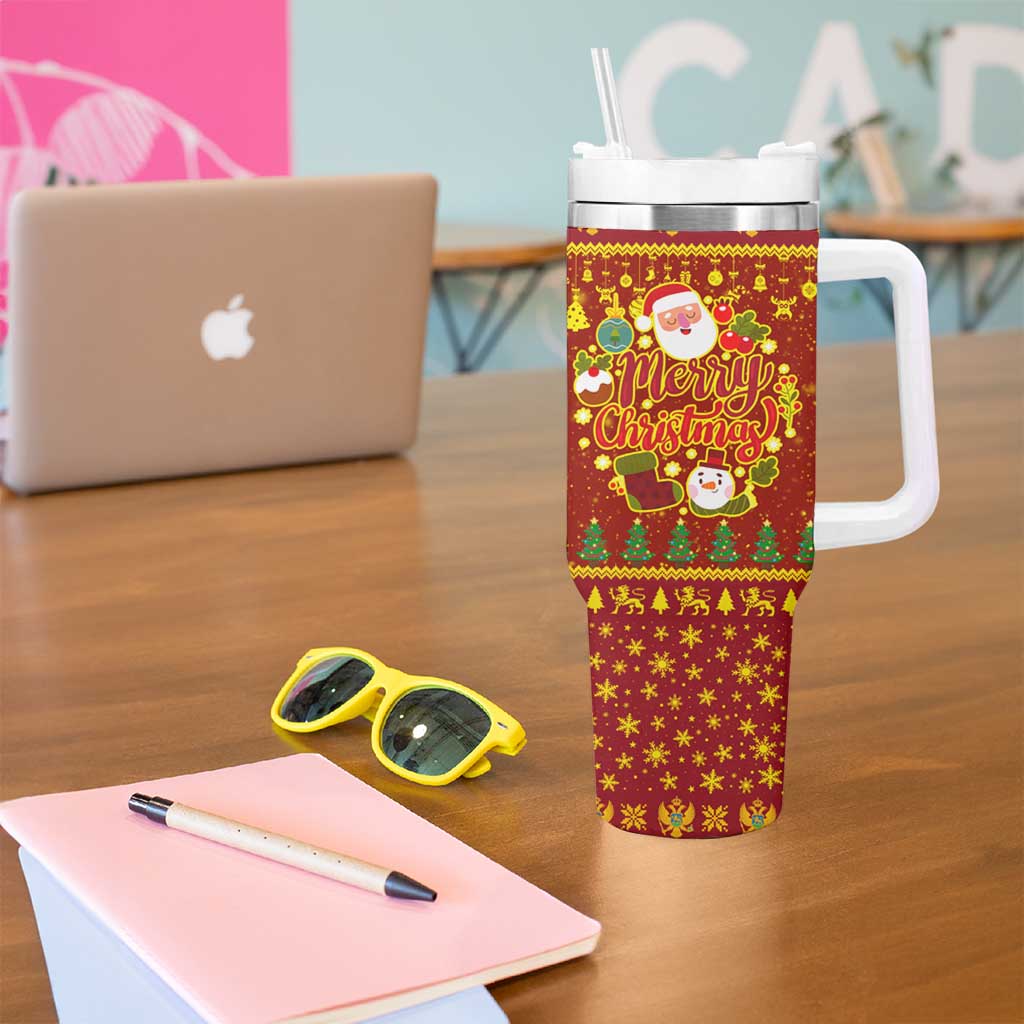 Montenegro Christmas Tumbler With Handle with Red-Gold Theme, Double-Headed Eagle, and Santa Motif - Wonder Print Shop