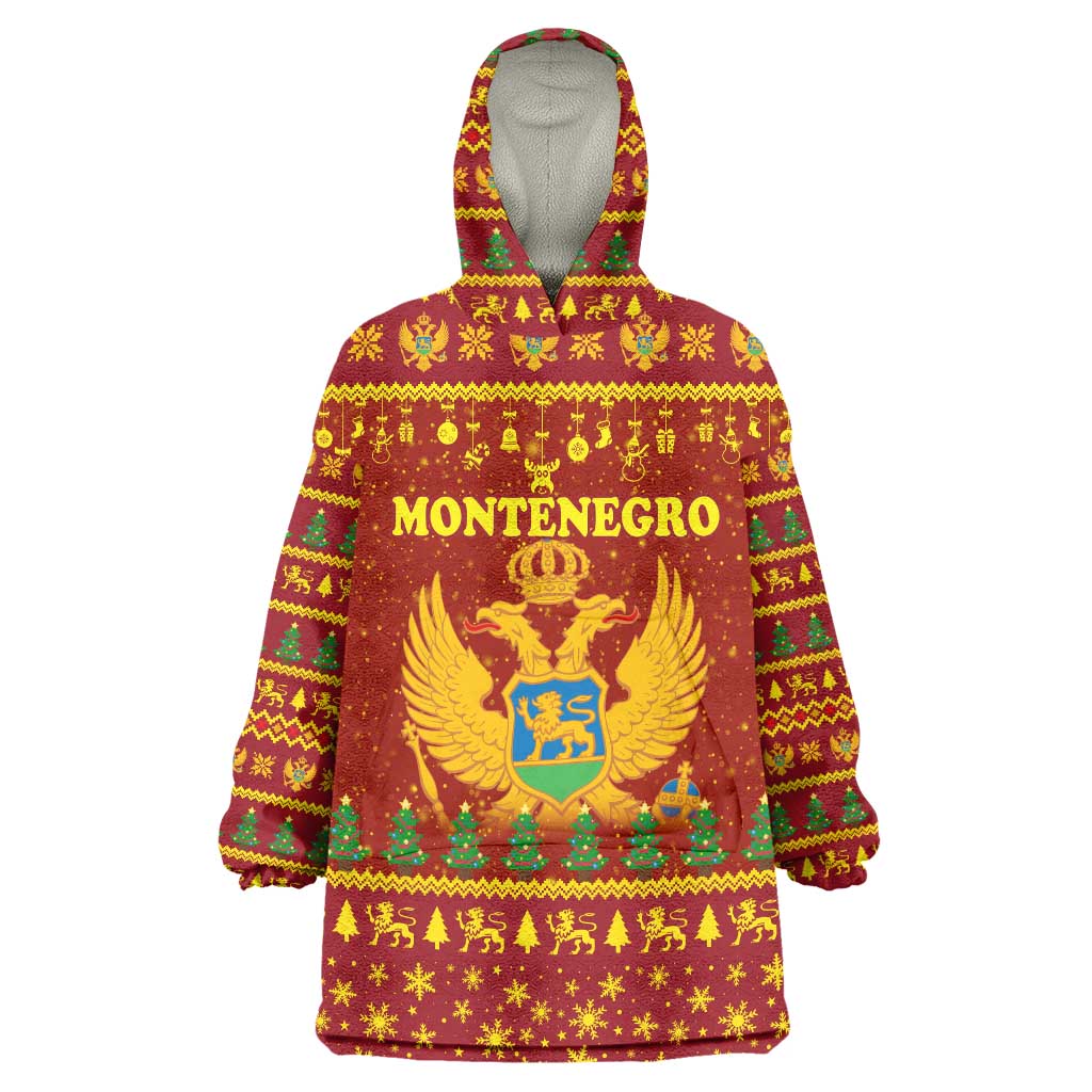 Montenegro Christmas Wearable Blanket Hoodie with Red-Gold Theme, Double-Headed Eagle, and Santa Motif - Wonder Print Shop