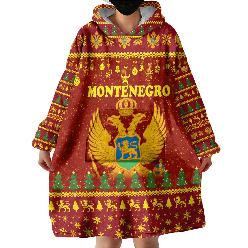 Montenegro Christmas Wearable Blanket Hoodie with Red-Gold Theme, Double-Headed Eagle, and Santa Motif - Wonder Print Shop