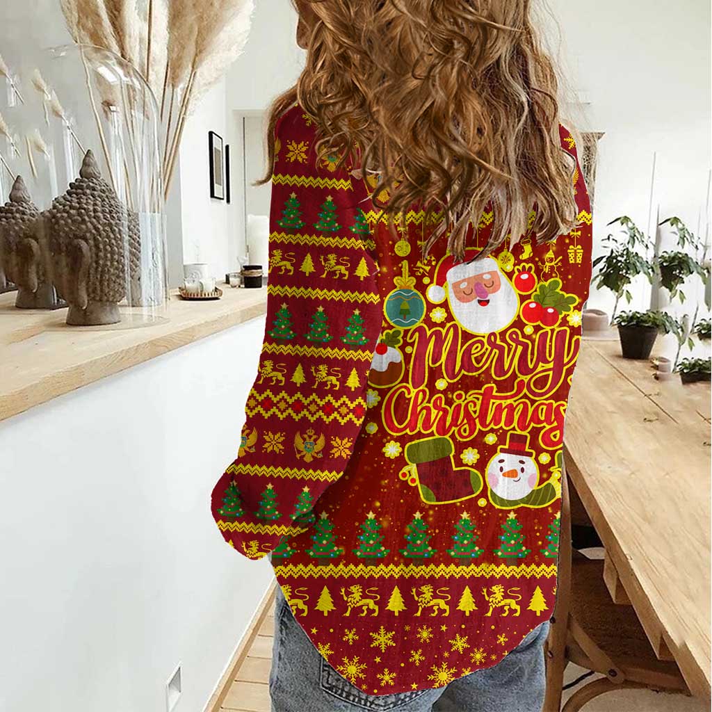 Montenegro Christmas Women Casual Shirt with Red-Gold Theme, Double-Headed Eagle, and Santa Motif - Wonder Print Shop