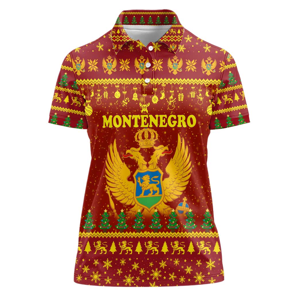 Montenegro Christmas Women Polo Shirt with Red-Gold Theme, Double-Headed Eagle, and Santa Motif - Wonder Print Shop