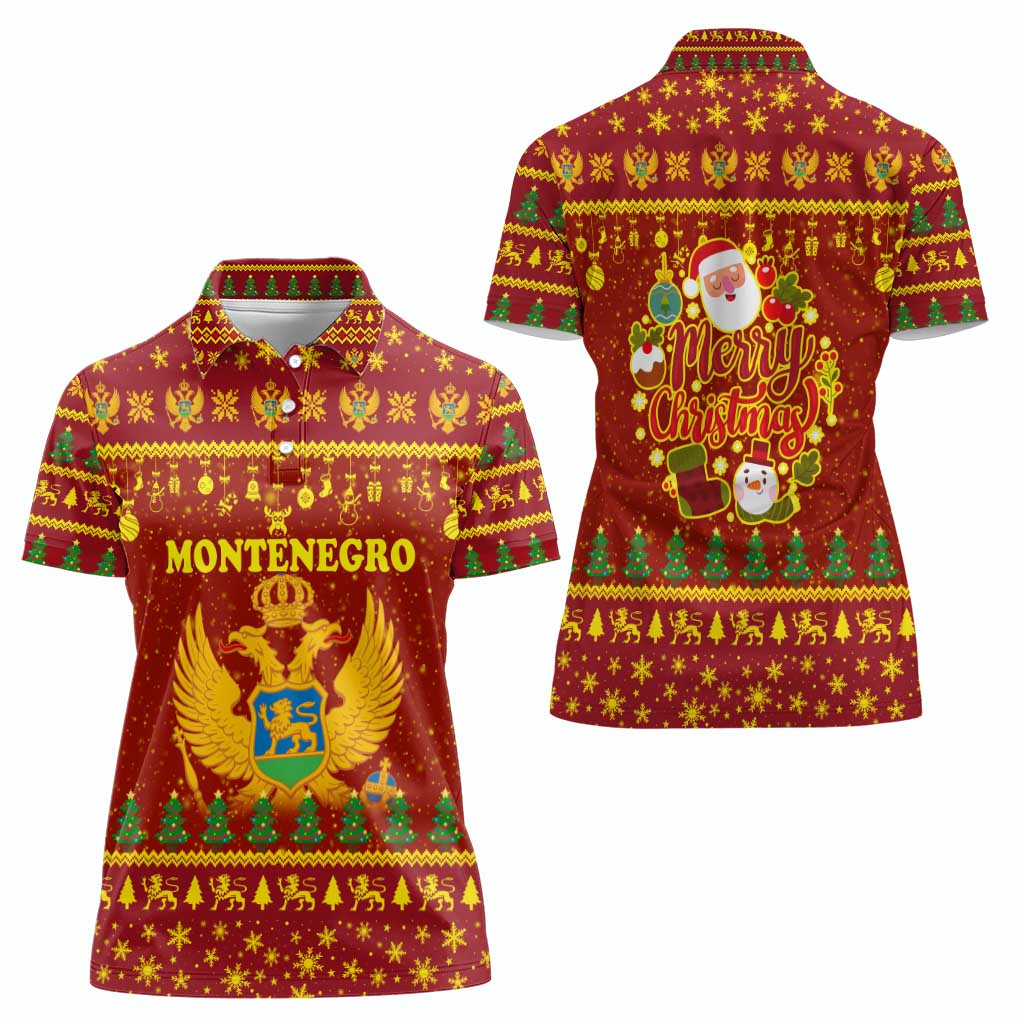Montenegro Christmas Women Polo Shirt with Red-Gold Theme, Double-Headed Eagle, and Santa Motif - Wonder Print Shop