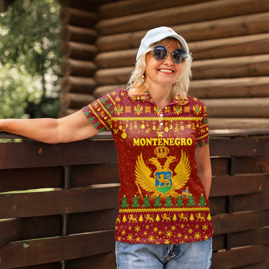 Montenegro Christmas Women Polo Shirt with Red-Gold Theme, Double-Headed Eagle, and Santa Motif - Wonder Print Shop