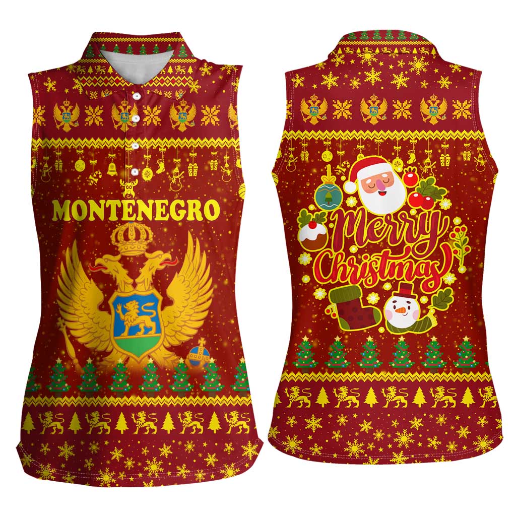 Montenegro Christmas Women Sleeveless Polo Shirt with Red-Gold Theme, Double-Headed Eagle, and Santa Motif - Wonder Print Shop