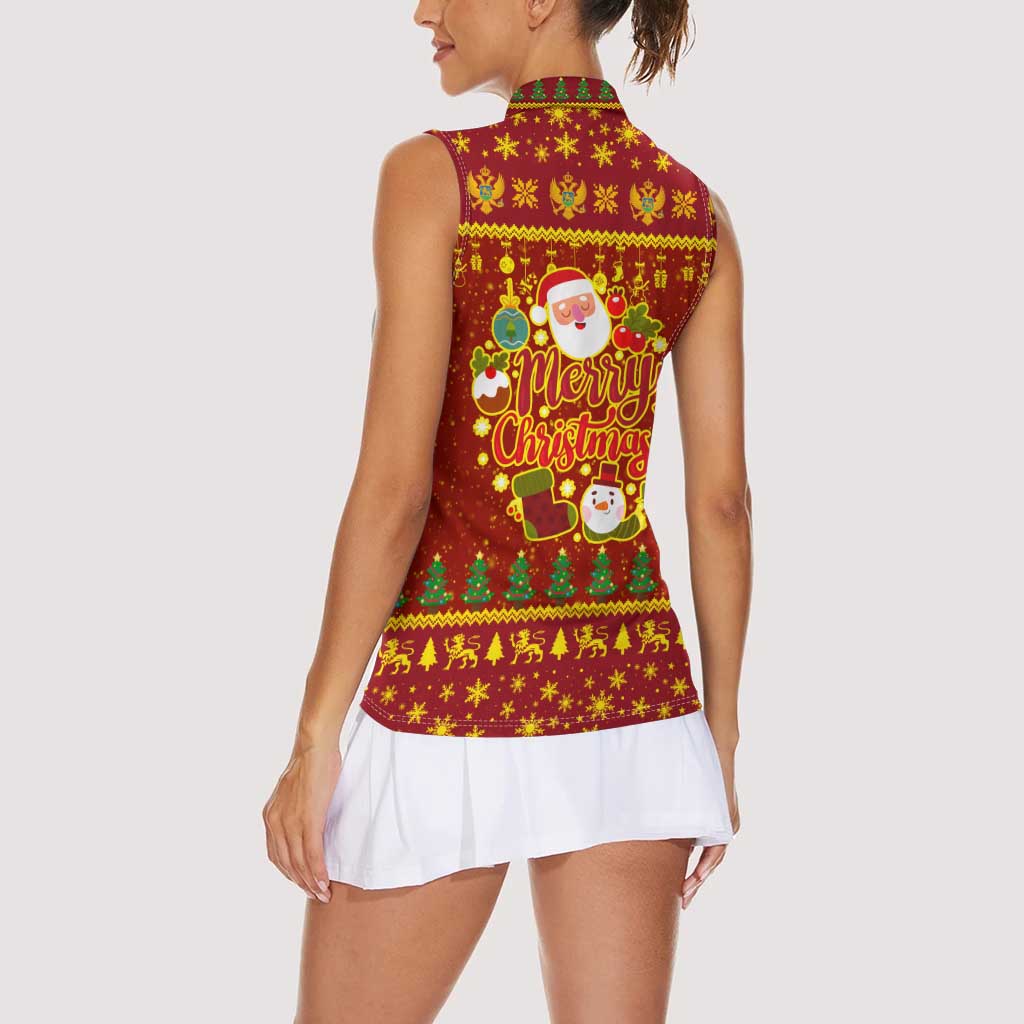 Montenegro Christmas Women Sleeveless Polo Shirt with Red-Gold Theme, Double-Headed Eagle, and Santa Motif - Wonder Print Shop