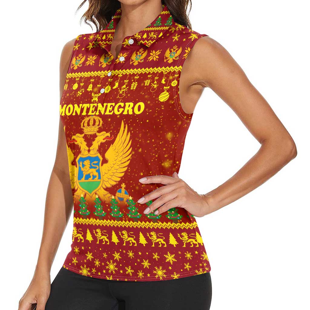 Montenegro Christmas Women Sleeveless Polo Shirt with Red-Gold Theme, Double-Headed Eagle, and Santa Motif - Wonder Print Shop