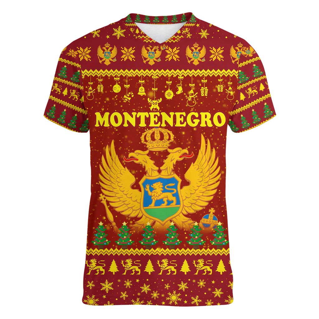 Montenegro Christmas Women V-Neck T-Shirt with Red-Gold Theme, Double-Headed Eagle, and Santa Motif - Wonder Print Shop