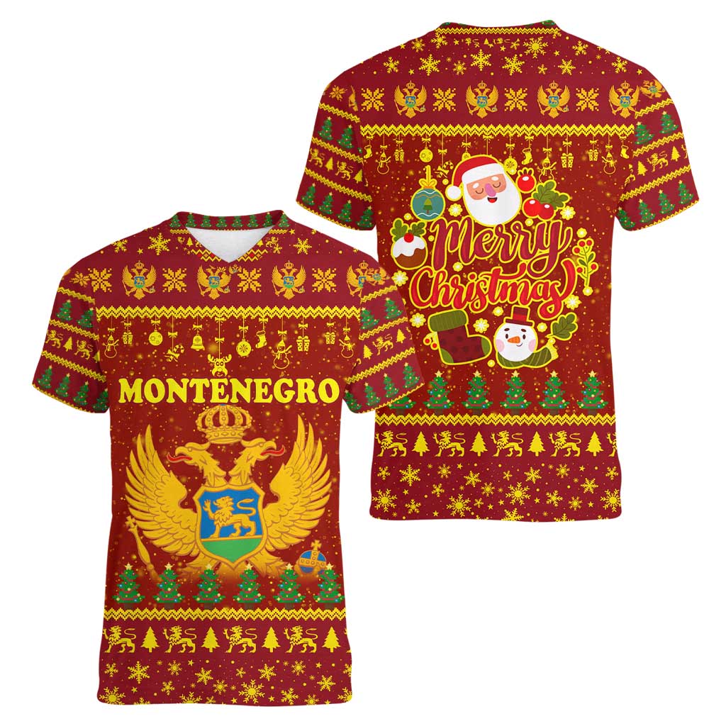 Montenegro Christmas Women V-Neck T-Shirt with Red-Gold Theme, Double-Headed Eagle, and Santa Motif - Wonder Print Shop