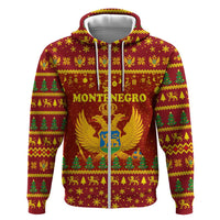 Montenegro Christmas Zip Hoodie with Red-Gold Theme, Double-Headed Eagle, and Santa Motif - Wonder Print Shop