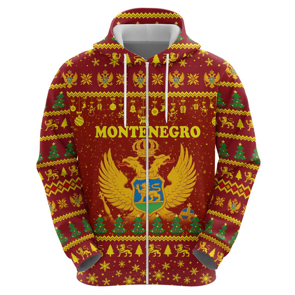 Montenegro Christmas Zip Hoodie with Red-Gold Theme, Double-Headed Eagle, and Santa Motif - Wonder Print Shop