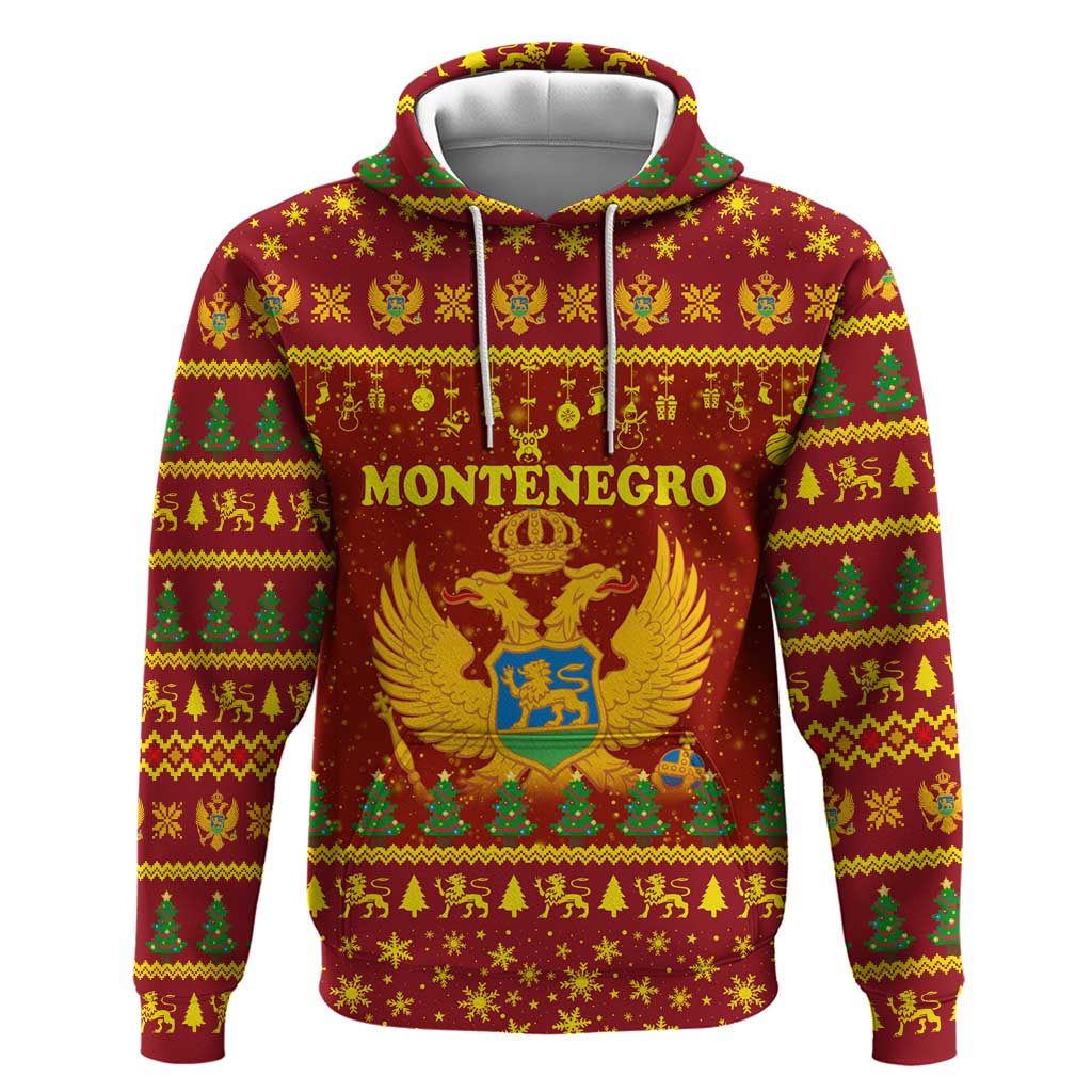 Montenegro Christmas Zip Hoodie with Red-Gold Theme, Double-Headed Eagle, and Santa Motif - Wonder Print Shop