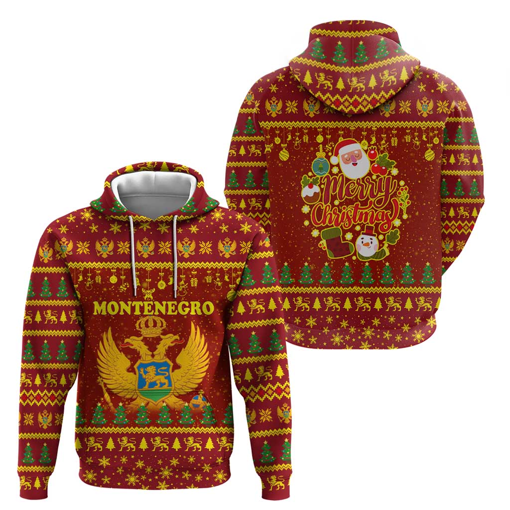 Montenegro Christmas Zip Hoodie with Red-Gold Theme, Double-Headed Eagle, and Santa Motif - Wonder Print Shop