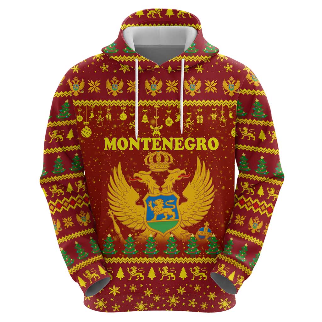 Montenegro Christmas Zip Hoodie with Red-Gold Theme, Double-Headed Eagle, and Santa Motif - Wonder Print Shop