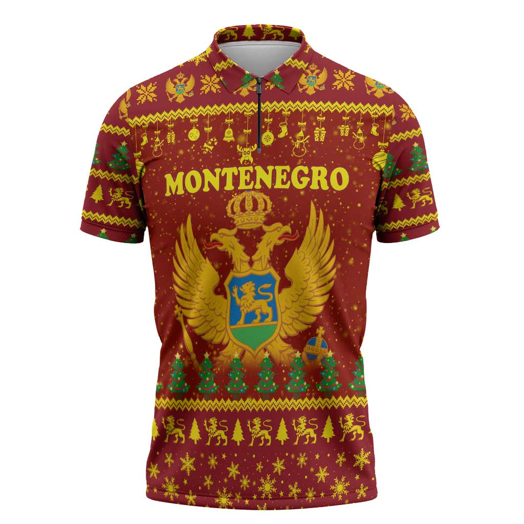 Montenegro Christmas Zipper Polo Shirt with Red-Gold Theme, Double-Headed Eagle, and Santa Motif - Wonder Print Shop