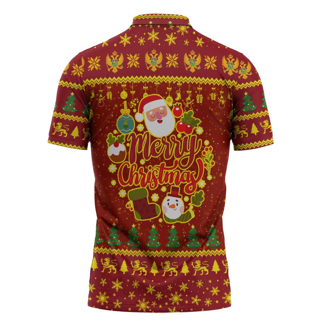 Montenegro Christmas Zipper Polo Shirt with Red-Gold Theme, Double-Headed Eagle, and Santa Motif - Wonder Print Shop
