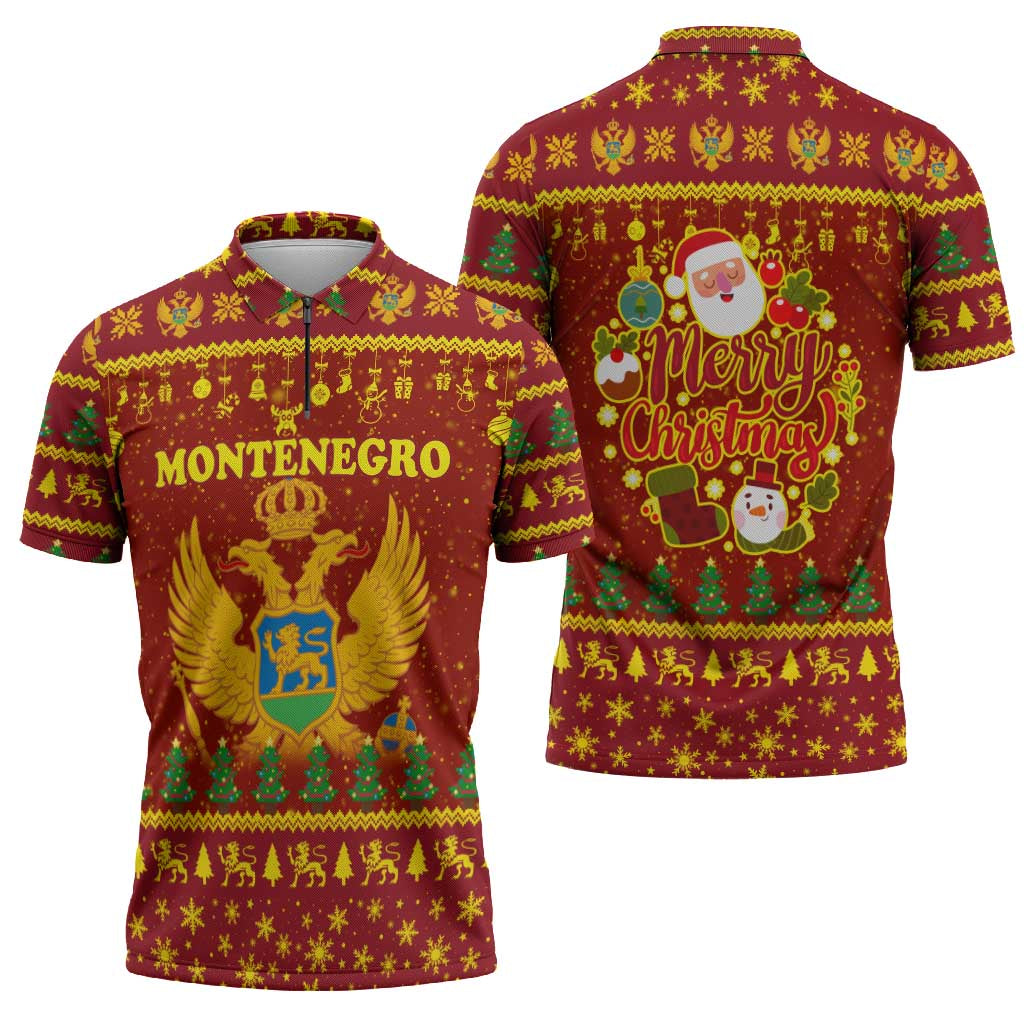 Montenegro Christmas Zipper Polo Shirt with Red-Gold Theme, Double-Headed Eagle, and Santa Motif - Wonder Print Shop