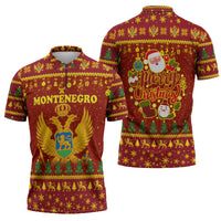 Montenegro Christmas Zipper Polo Shirt with Red-Gold Theme, Double-Headed Eagle, and Santa Motif - Wonder Print Shop