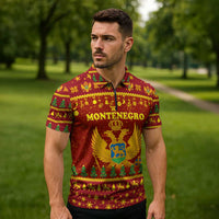 Montenegro Christmas Zipper Polo Shirt with Red-Gold Theme, Double-Headed Eagle, and Santa Motif - Wonder Print Shop