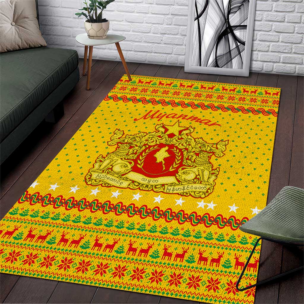 Myanmar Christmas Area Rug with Yellow-Red-Green Theme, National Emblem, and Star Motif - Wonder Print Shop
