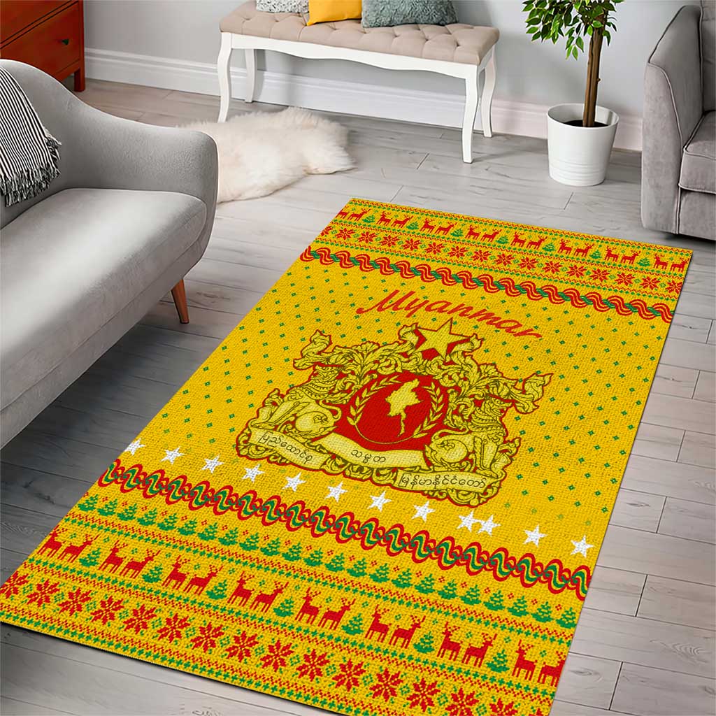 Myanmar Christmas Area Rug with Yellow-Red-Green Theme, National Emblem, and Star Motif - Wonder Print Shop