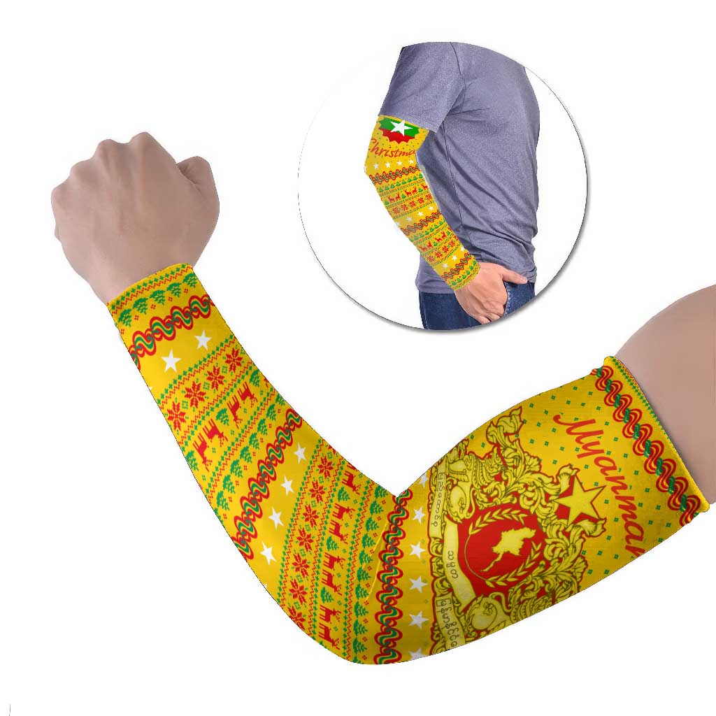 Myanmar Christmas Arm Sleeves with Yellow-Red-Green Theme, National Emblem, and Star Motif - Wonder Print Shop