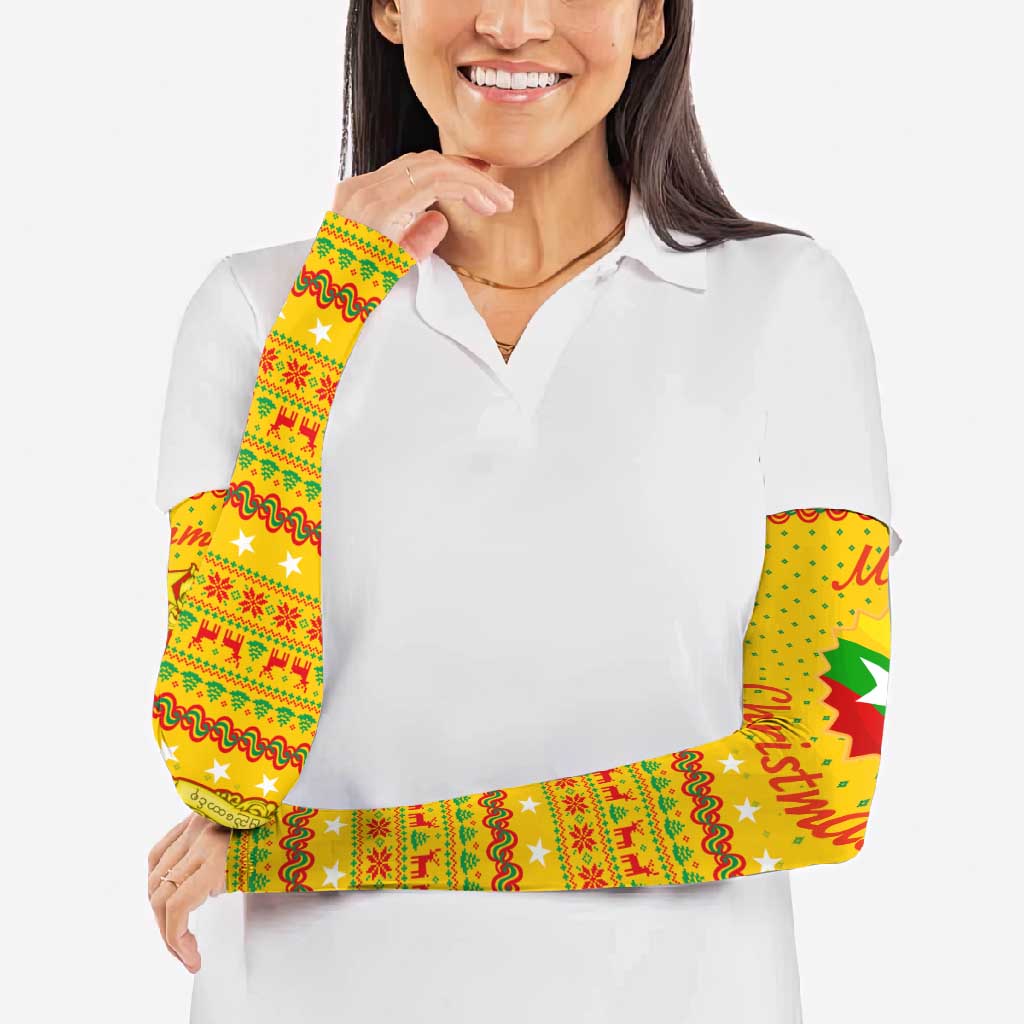Myanmar Christmas Arm Sleeves with Yellow-Red-Green Theme, National Emblem, and Star Motif - Wonder Print Shop