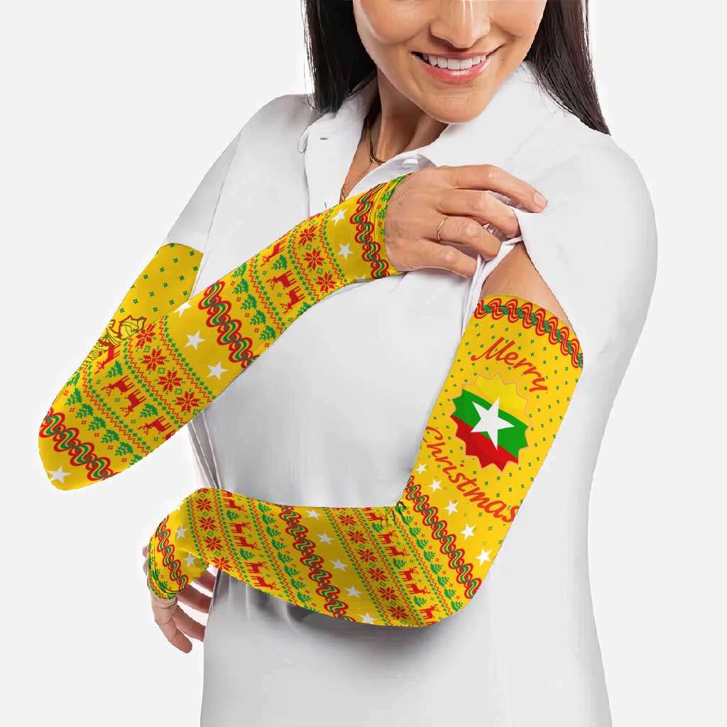 Myanmar Christmas Arm Sleeves with Yellow-Red-Green Theme, National Emblem, and Star Motif - Wonder Print Shop