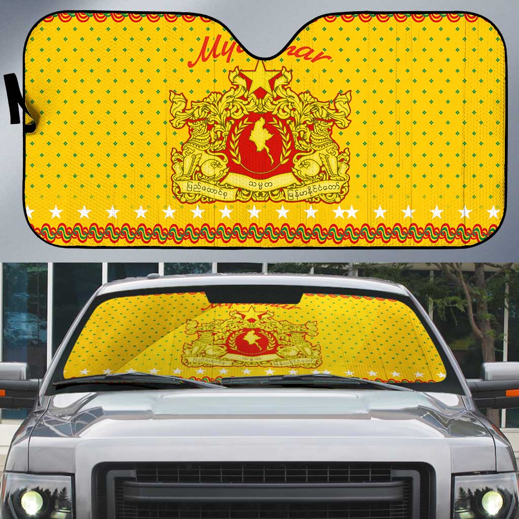 Myanmar Christmas Auto Sun Shade with Yellow-Red-Green Theme, National Emblem, and Star Motif - Wonder Print Shop