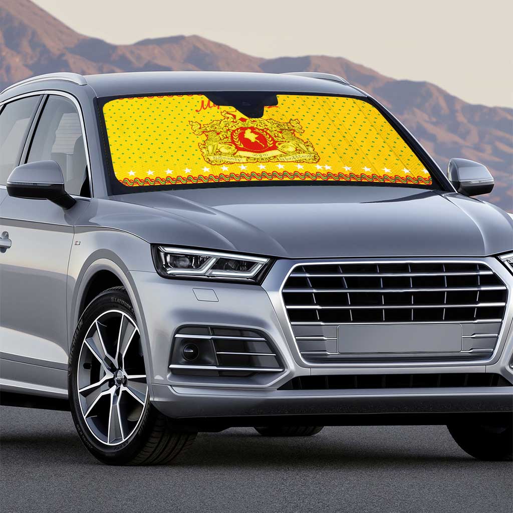 Myanmar Christmas Auto Sun Shade with Yellow-Red-Green Theme, National Emblem, and Star Motif - Wonder Print Shop