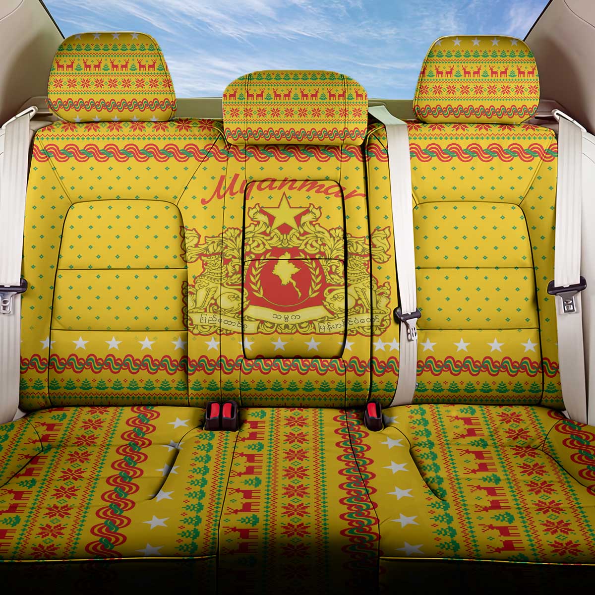 Myanmar Christmas Back Car Seat Cover with Yellow-Red-Green Theme, National Emblem, and Star Motif - Wonder Print Shop