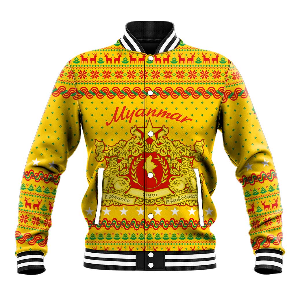 Myanmar Christmas Baseball Jacket with Yellow-Red-Green Theme, National Emblem, and Star Motif - Wonder Print Shop