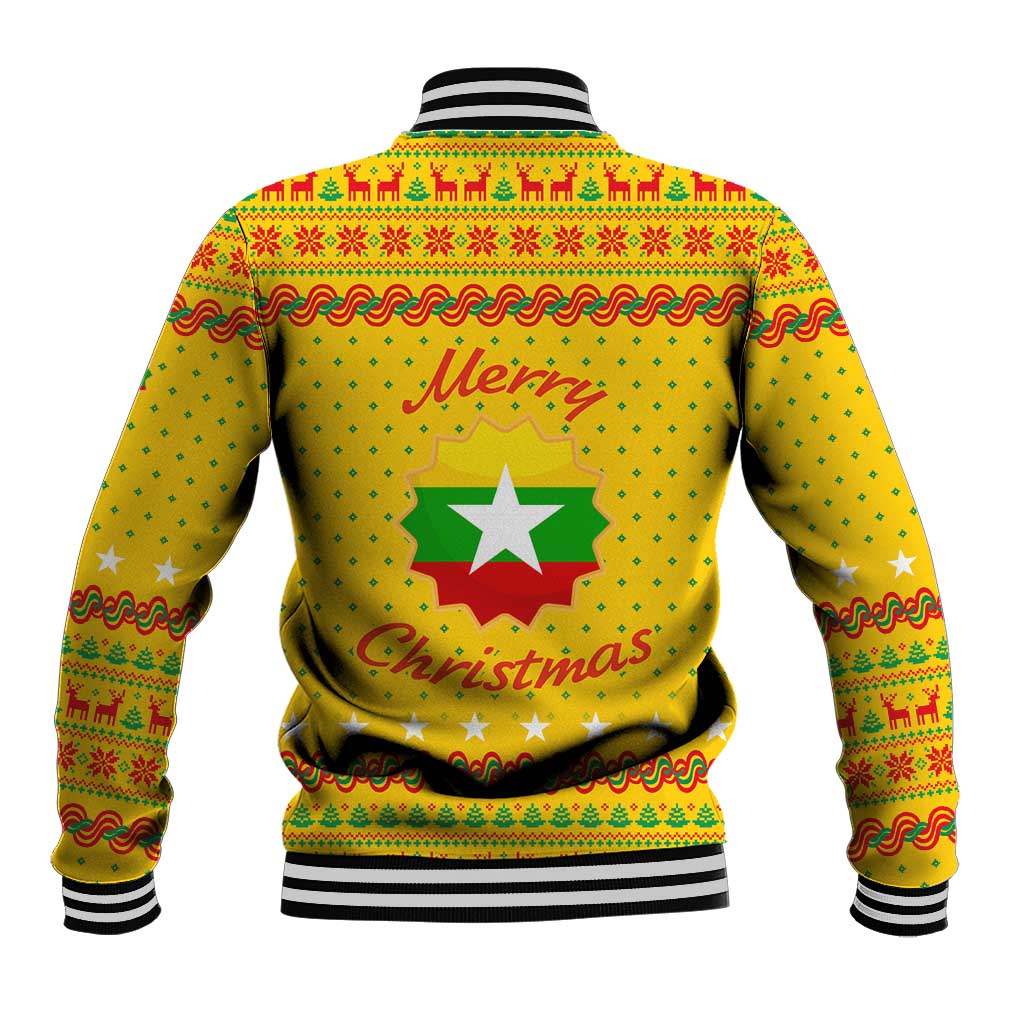 Myanmar Christmas Baseball Jacket with Yellow-Red-Green Theme, National Emblem, and Star Motif - Wonder Print Shop