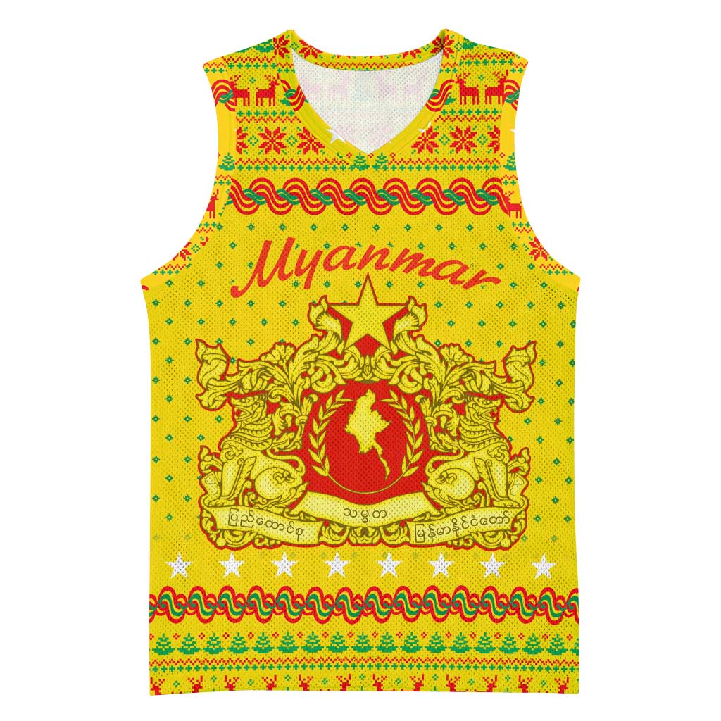 Myanmar Christmas Basketball Jersey with Yellow-Red-Green Theme, National Emblem, and Star Motif - Wonder Print Shop