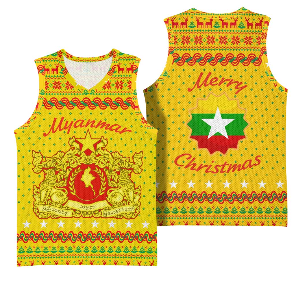 Myanmar Christmas Basketball Jersey with Yellow-Red-Green Theme, National Emblem, and Star Motif - Wonder Print Shop