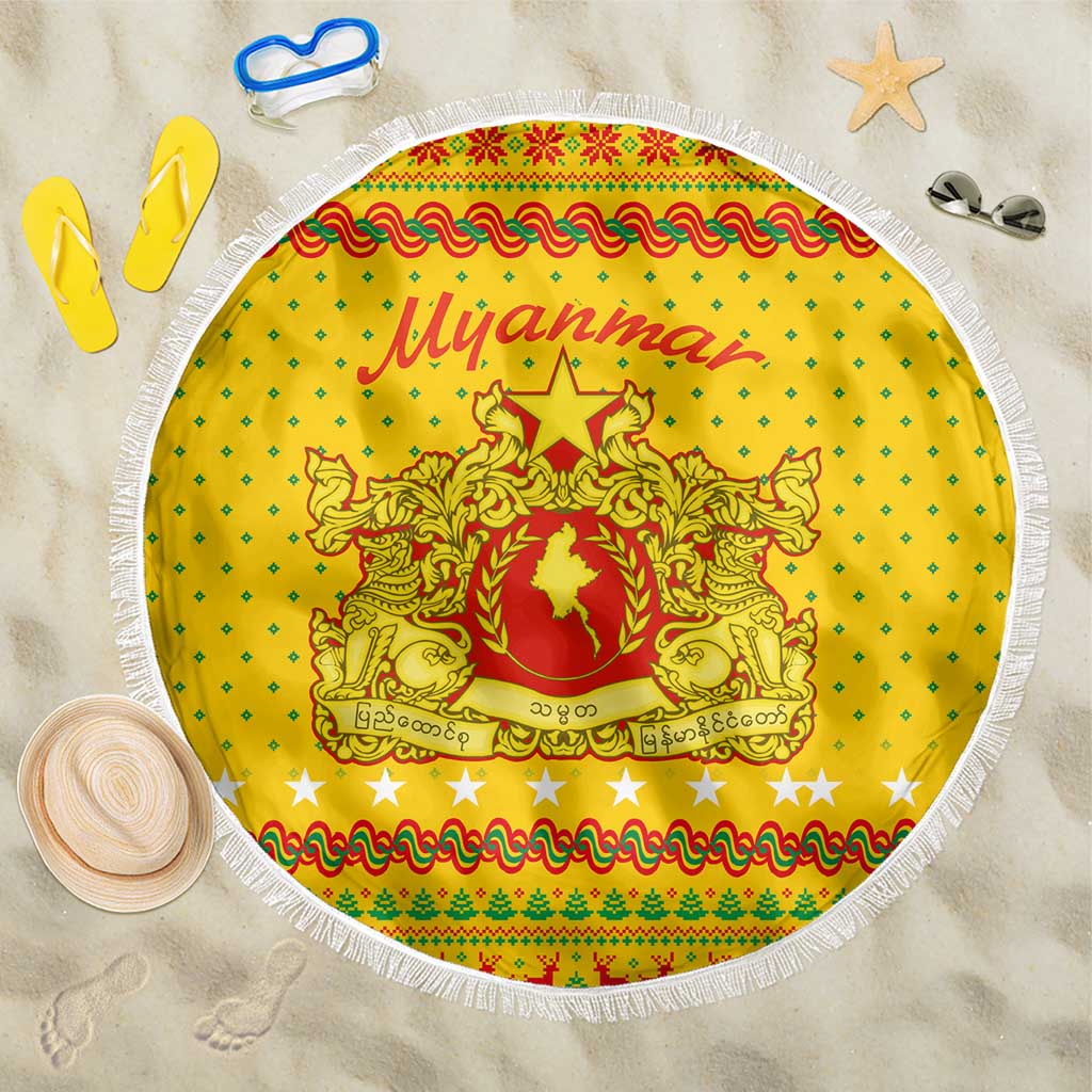 Myanmar Christmas Beach Blanket with Yellow-Red-Green Theme, National Emblem, and Star Motif - Wonder Print Shop