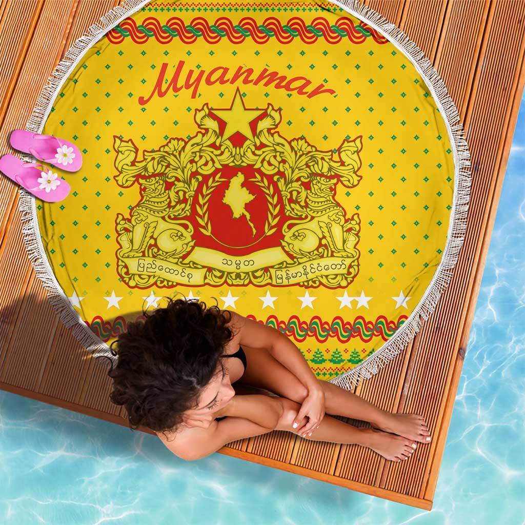 Myanmar Christmas Beach Blanket with Yellow-Red-Green Theme, National Emblem, and Star Motif - Wonder Print Shop