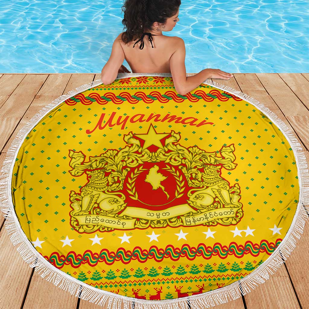 Myanmar Christmas Beach Blanket with Yellow-Red-Green Theme, National Emblem, and Star Motif - Wonder Print Shop