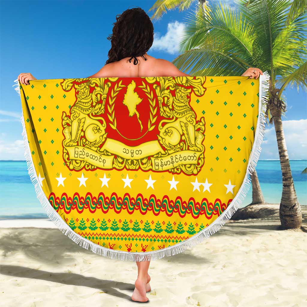 Myanmar Christmas Beach Blanket with Yellow-Red-Green Theme, National Emblem, and Star Motif - Wonder Print Shop