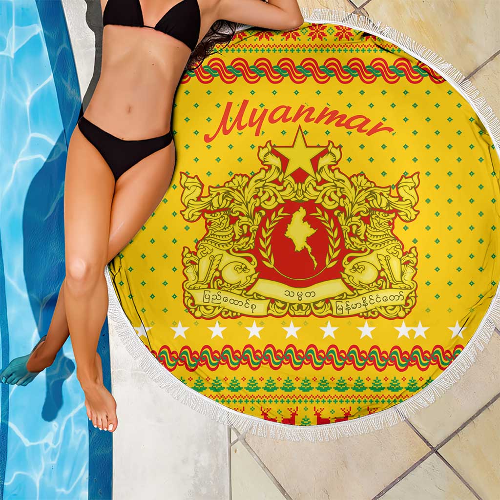 Myanmar Christmas Beach Blanket with Yellow-Red-Green Theme, National Emblem, and Star Motif - Wonder Print Shop
