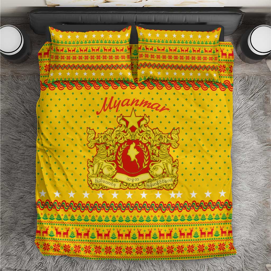 Myanmar Christmas Bedding Set with Yellow-Red-Green Theme, National Emblem, and Star Motif - Wonder Print Shop