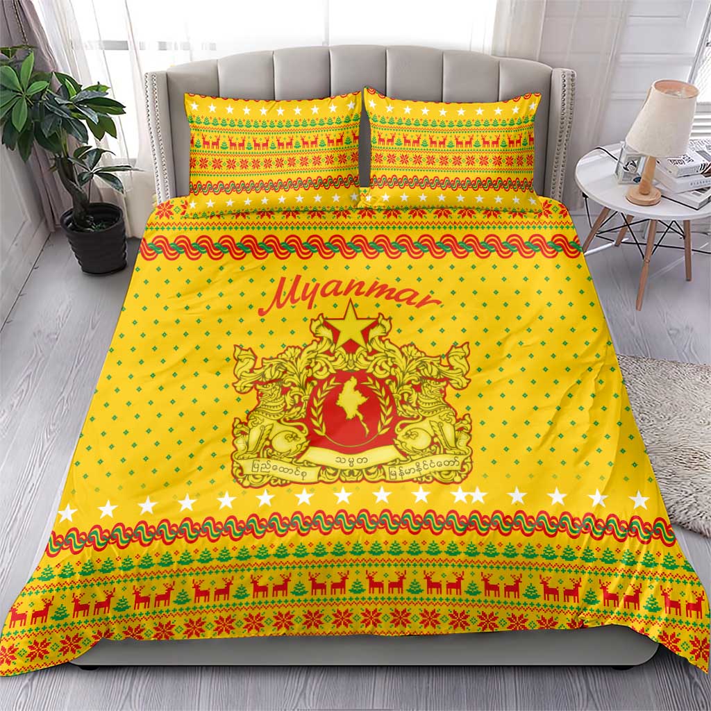 Myanmar Christmas Bedding Set with Yellow-Red-Green Theme, National Emblem, and Star Motif - Wonder Print Shop