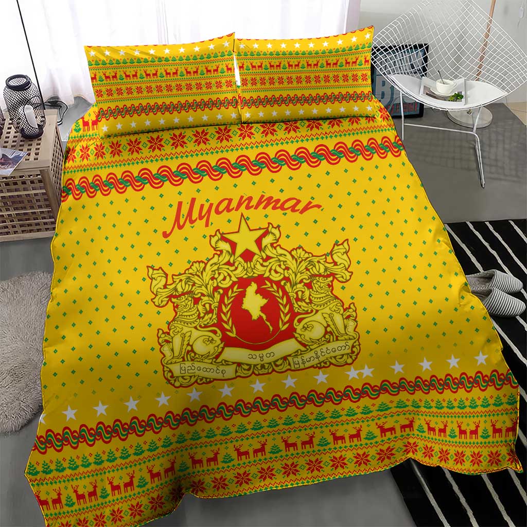 Myanmar Christmas Bedding Set with Yellow-Red-Green Theme, National Emblem, and Star Motif - Wonder Print Shop
